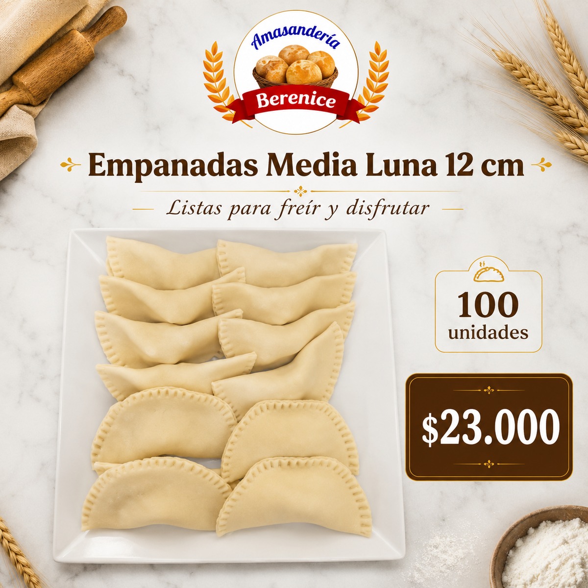 Empanadas media luna 12 cm en formato de 100 unidades, Masas Berenice en Santiago