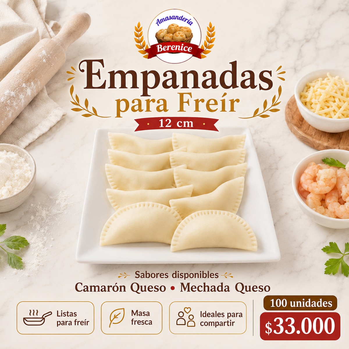 Empanadas para freir 12 cm premium en formato de 100 unidades, Masas Berenice en Santiago