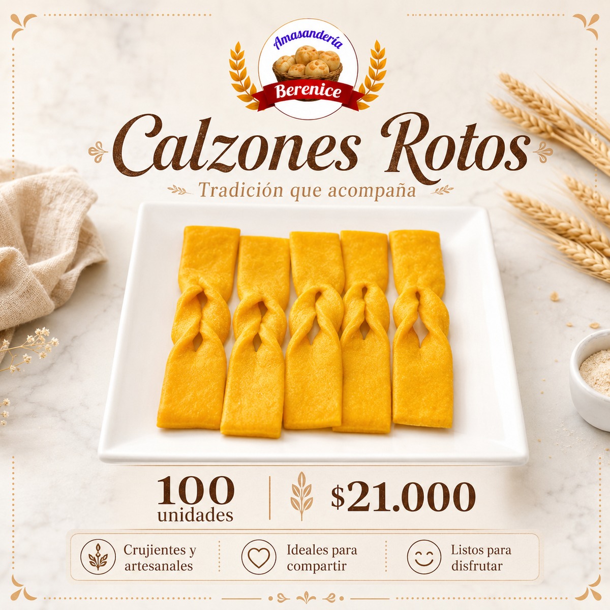 Calzones rotos en formato de 100 unidades, Masas Berenice en Santiago