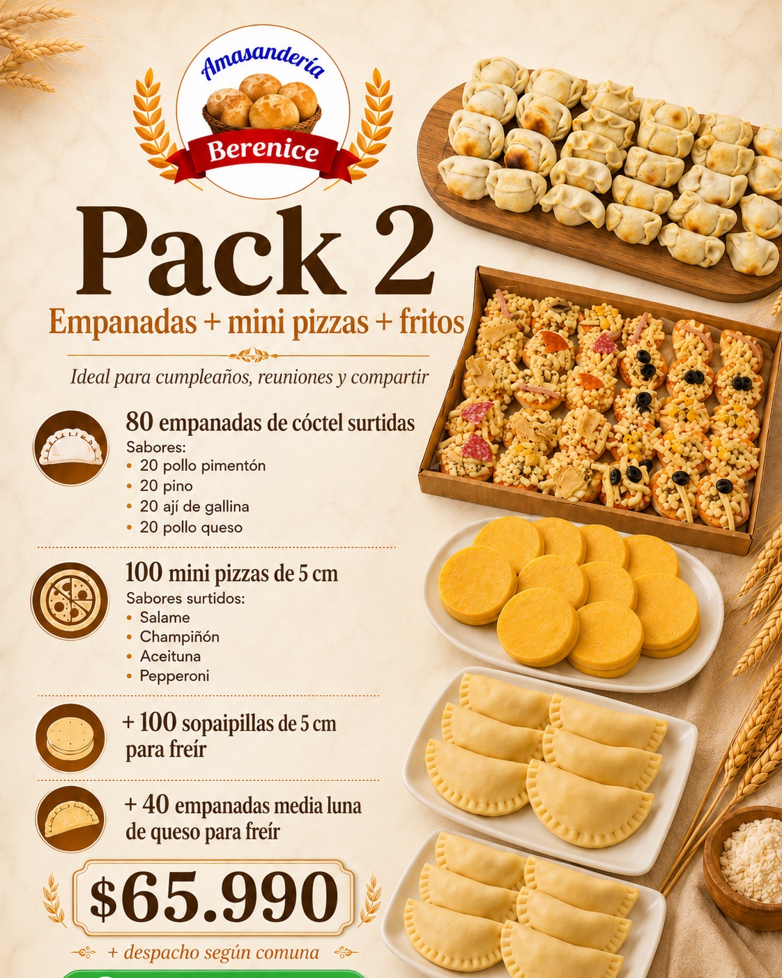 Pack 2 Empanadas + mini pizzas + fritos 320 unidades